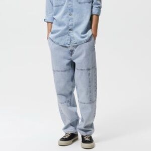 Zara light blue belted denim loose relaxed jeans pants made in Europe NWT